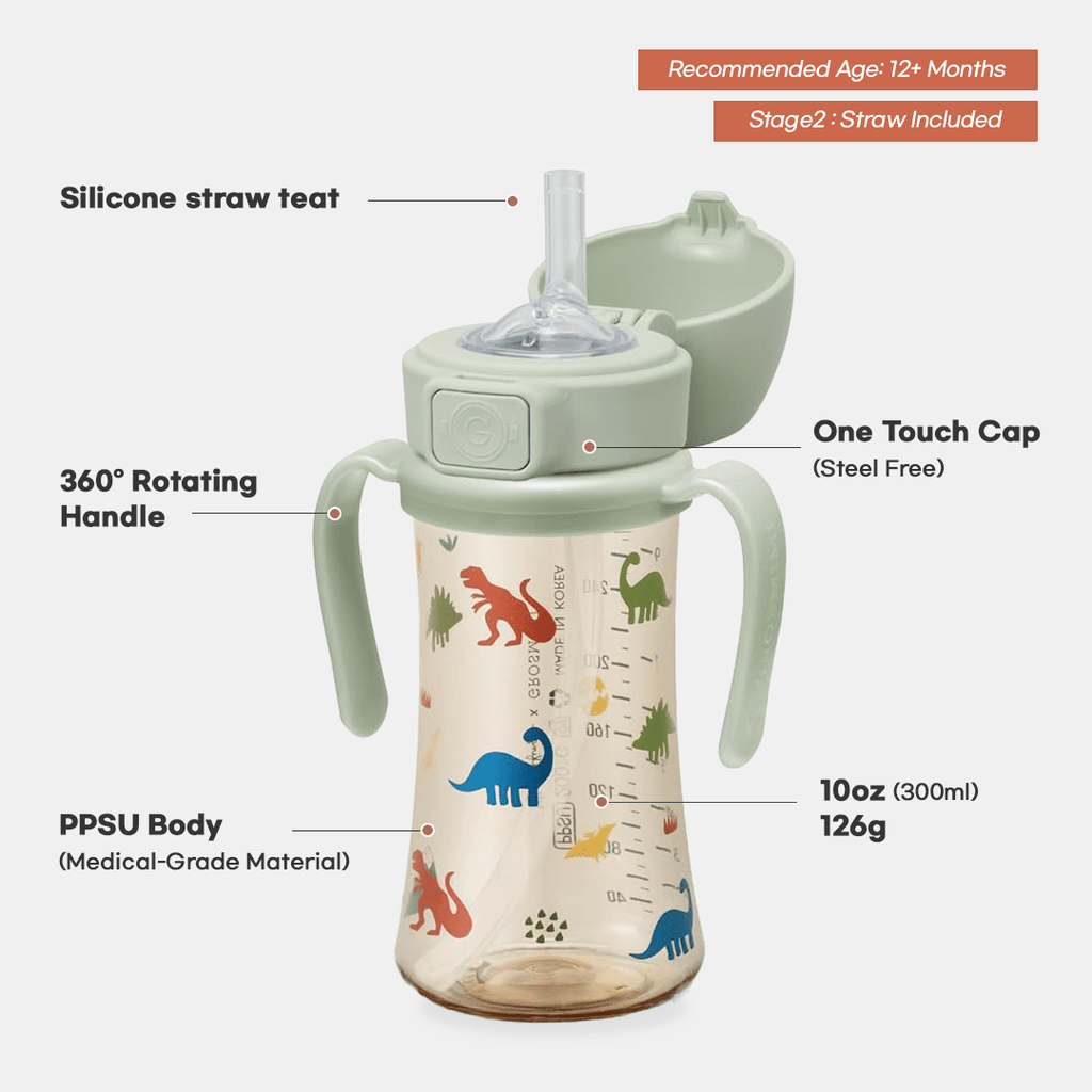 Grosmimi PPSU Straw Cup with Flip Top - 10oz (12 Months+) Stage 2 Straw