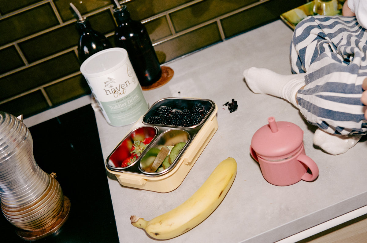Haven toddler formula tin on a kitchen counter beside a toddler's lunch