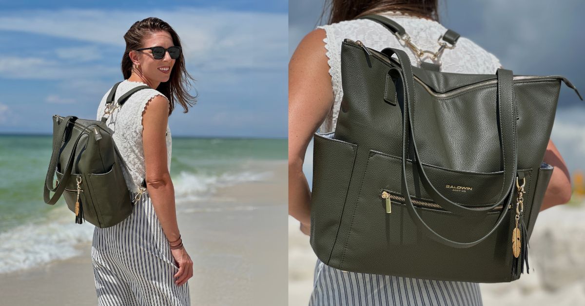 Baldwin Baby Company — Baldwin Baby Co Lillian convertible diaper bag worn as a backpack, featuring premium vegan leather i