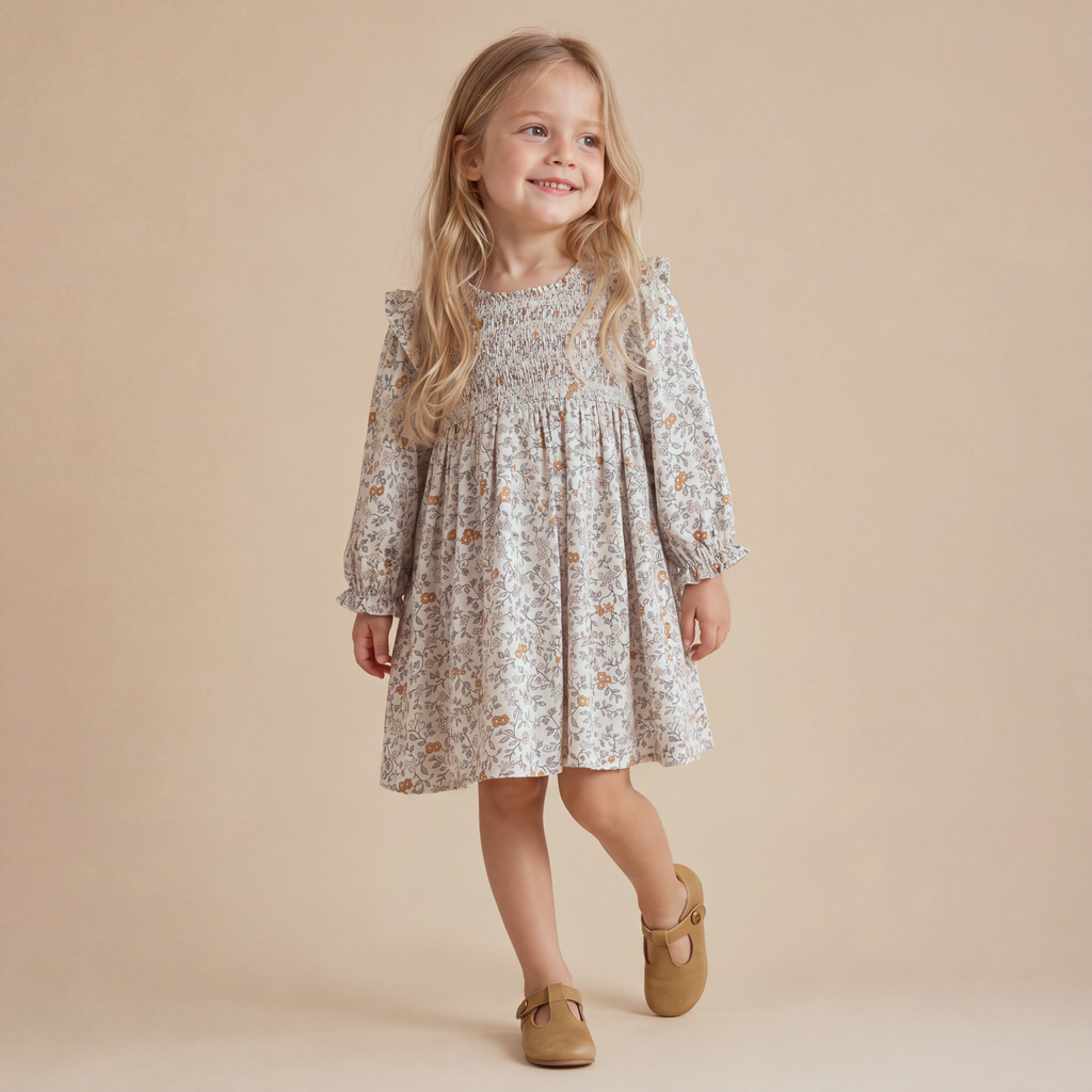 Vestido orgánico con volantes y nido de abeja - Hiedra