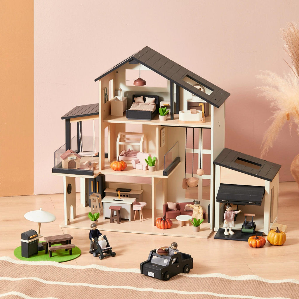 Dulce juego de regalo familiar: casa de muñecas negra y garaje para casa de muñecas y juego de muñecas adicionales