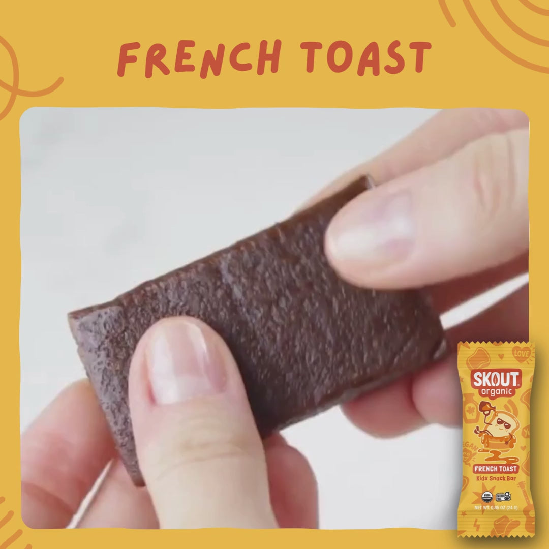 Skout Organic French Toast Kids Bar - Close-up of a French Toast Kids Snack Bar being pulled apart to show its soft, chewy interior.