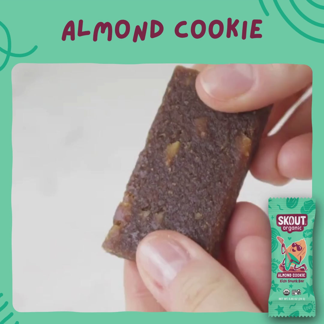 Skout Organic Almond Cookie Kids Bar - Close-up of an Almond Cookie Kids Snack Bar being pulled apart to show its soft, chewy interior with almond pieces.