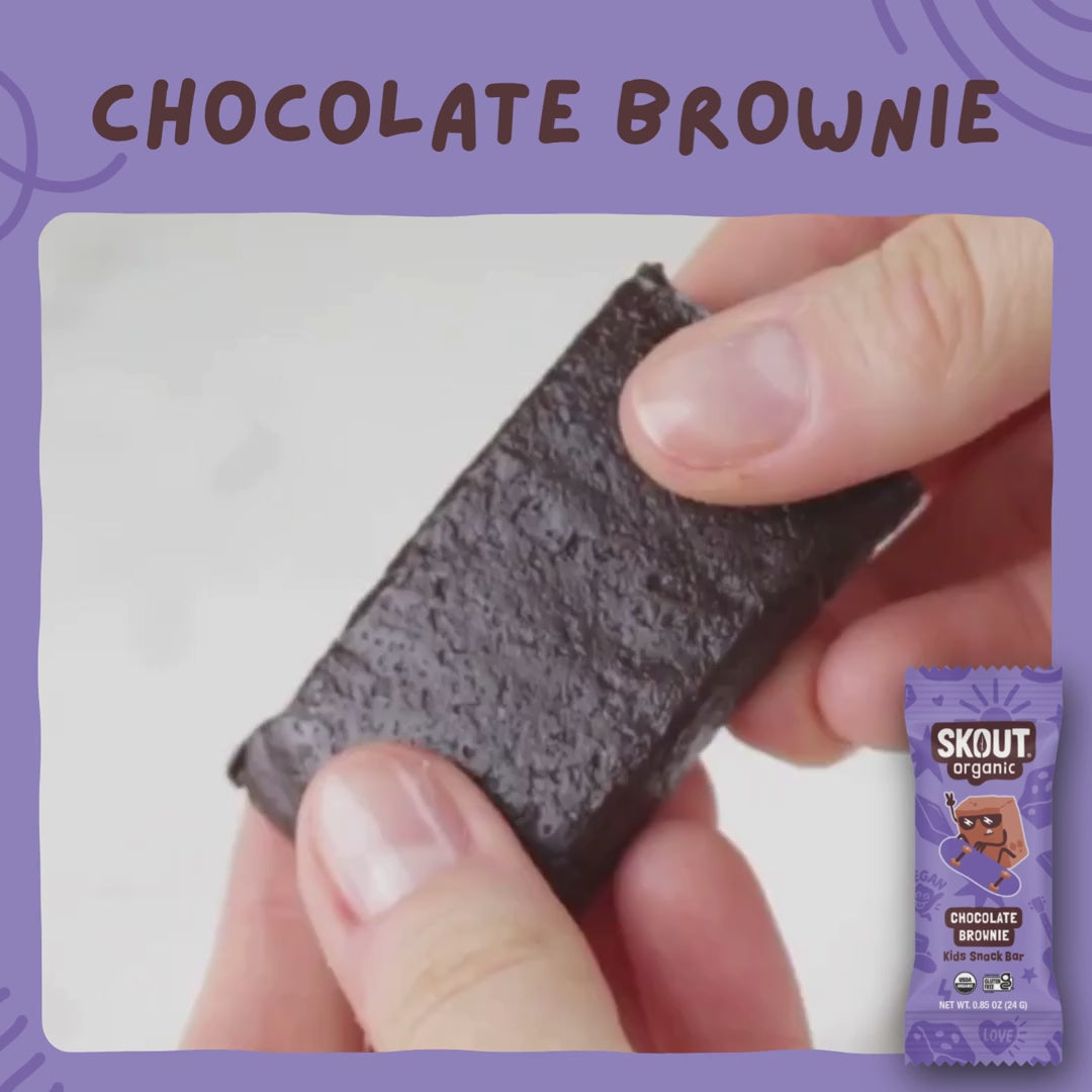 Skout Organic Chocolate Brownie Kids Bar - Close-up of a Chocolate Brownie Kids Snack Bar being pulled apart to show its soft, chewy interior.