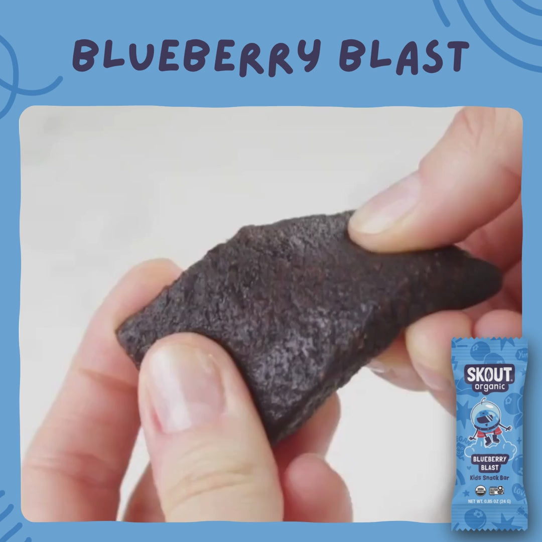 Skout Organic Blueberry Blast Kids Bar - Close-up of a Blueberry Blast Kids Snack Bar being pulled apart to show its soft, chewy interior.